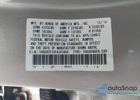 2015 Honda Accord Lx z USA, uszkodzony, nr VIN 1HGCR2F30FA043869